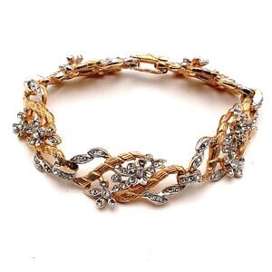 Vintage Gold Tone Rhinestone Floral 6 1/2 Inch Bracelet